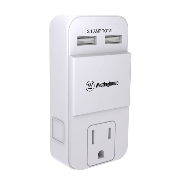 Westinghouse Adaptateur USB à 1 Prise en Blanc avec une Prise Mise à la Terre et Deux ports de Recharge USB Offrant un total de 2,1 A, avec le logo Westinghouse, Convient pour Alimenter des Appareils Électriques et Charger des Appareils Électroniques USB en Toute Sécurité.