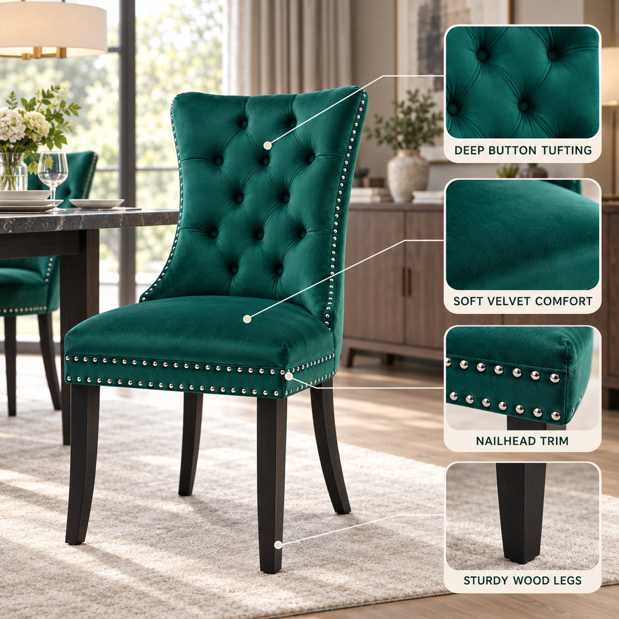 Homy Casa Green Velvet Tufted Dining Chairs Set of 2 with Solid Wood Legs and Nailhead Trim