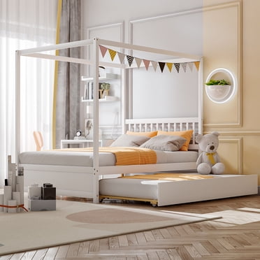 Gymax Full Size Canopy Bed with Trundle Wooden Platform Bed Frame Headboard White