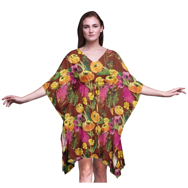 Bimba Kaftan de Plage à Fleurs, Paréo de Bikini, Robe Midi pour Femmes, Caftan Court S-L, Rouge Brique