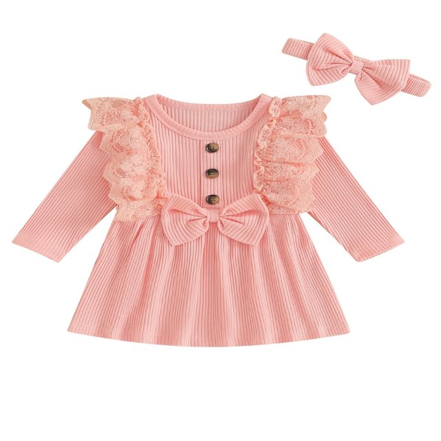 Robe d'Automne pour Bébé Fille Manches Longues Côtelées Robe Princesse Ligne A avec Bandeau