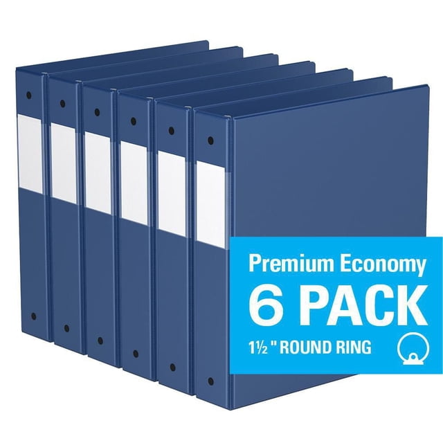 Davis Group Premium Economy Round Ring Binder 6 Pack, 1.5 inch, six blue binders with white spine label holders and round rings, featuring clear interior pockets for securing documents, ideal for conferences, reference, colleges, and universities.