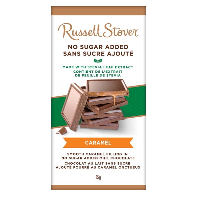 Russell Stover No Sugar Added Caramel Milk Chocolate Bar, 85 grams, showing stacked milk chocolate squares with smooth caramel filling dripping from one piece, sweetened with stevia leaf extract and labeled in English and French, suitable for a no sugar added treat.