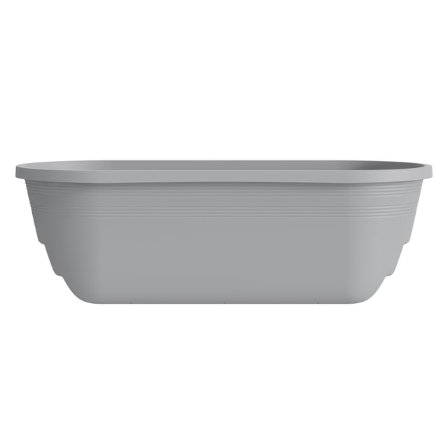 Mainstays Jardinière Boîte de Fenêtre de 24 Pouces au-Dessus du rail en Gris, en Plastique durable et Léger avec drainage Intégré, Montrée dans une Vue Latérale Centrée avec des Nervures Horizontales Près du Bord Supérieur, Convient aux Fleurs, Herbes Ou Plantes Décoratives sur Balcons Ou patios.
