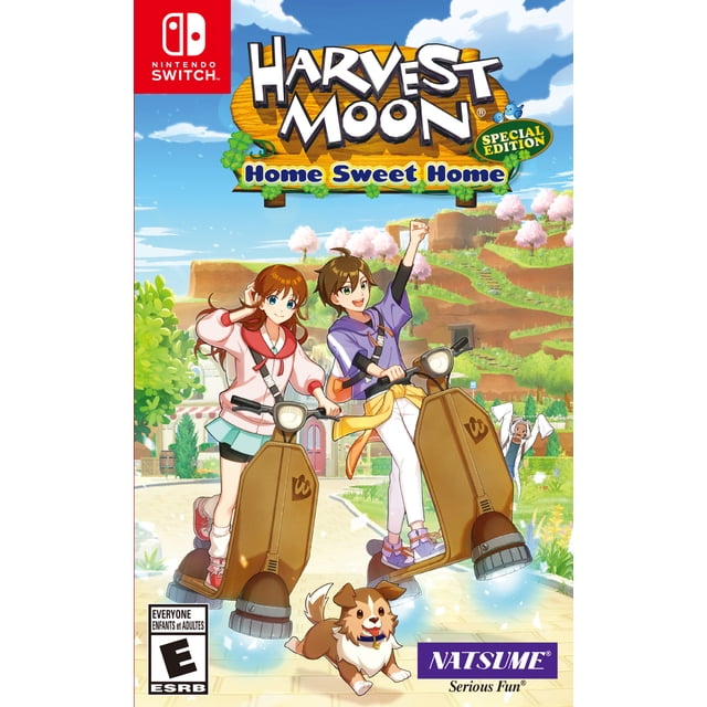 Harvest Moon: Home Sweet Home Special Edition Nintendo Switch game cover featuring two characters riding brown hover scooters in a vibrant village with green hills and pink blossom trees, accompanied by a happy brown and white dog, with the Nintendo Switch logo and Natsume branding.