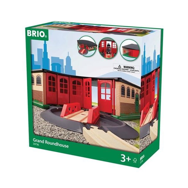 BRIO - 33736 Grand Roundhouse toy set featuring a red and beige wooden roundhouse with five parking slots for trains, a rotating switch, and back doors for easy access. Made from 100% FSC-certified beech wood, this train set encourages creativity and is suitable for children aged 3 and up.
