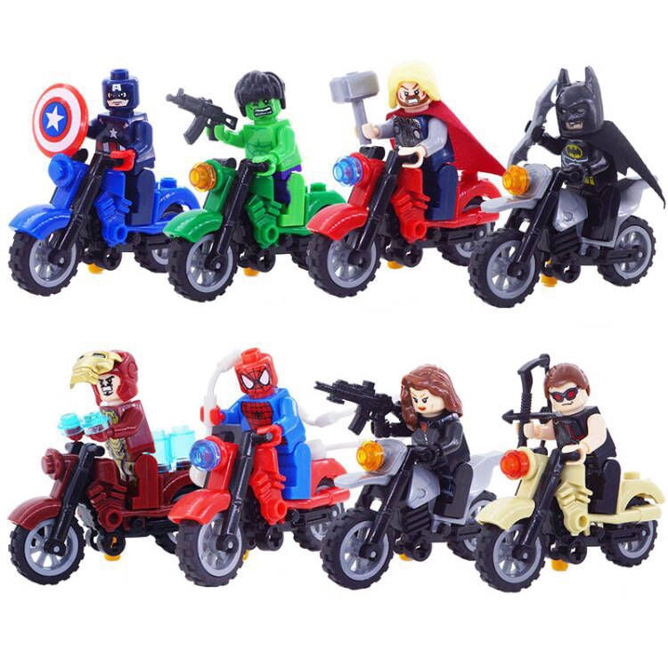 BELABELO 8pcs Superhero With Motorcycle Action Figures Building Blocks Toys Set Ornament Kids Birthday Gift