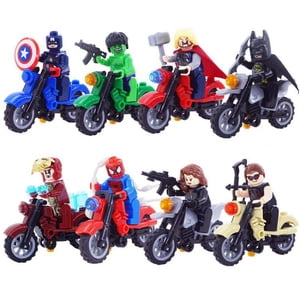 BELABELO 8pcs Superhero avec des figurines d'action de moto Bâtir des blocs Jouets Set Ornement Enfants Cadeau d'anniversaire