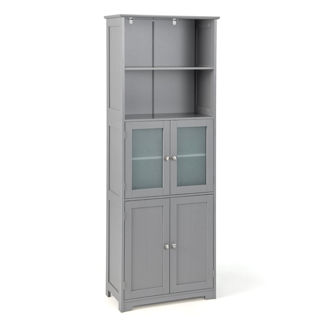 Gymax Bathroom Tall Storage Cabinet Linen Tower with Glass Door and Adjustable Shelf in grey. This 64-inch tall cabinet features a 6-tier design with 2 open shelves and 2 enclosed cabinets, each with frosted tempered glass doors and adjustable shelves. Made of durable P2 MDF with a waterproof finish, it includes anti-toppling devices for added safety. Suitable for bathrooms, kitchens, or living rooms, it offers ample storage for towels, toiletries, or kitchen utensils. Dimensions: 23.5 inches wide, 12 inches deep, and 64 inches tall.