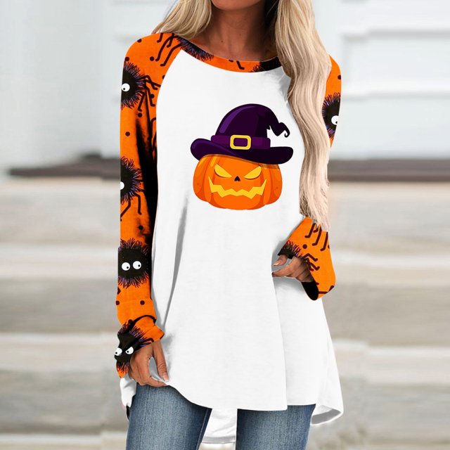 Costumes d'Halloween pour Femmes 2023 en Liquidation Surdimensionnés Femmes Décontracté Manches Longues Col Rond Hauts Blouse Ample Imprimé d'Halloween