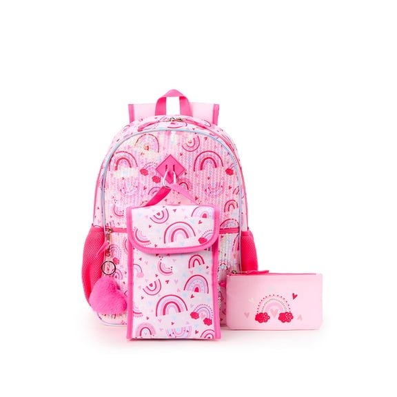 Schoolyard Vibes Rainbow 17" 5 Piece Backpack Set with lunchbox, pencil case, keychain, and carabiner set, Back to School Supplies