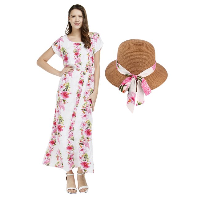 Robe Longue Simple Hawaïenne pour Femme à Manches Cap Luau S et Chapeau Assorti Hibiscus Rose Blanc