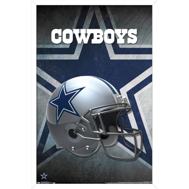 NFL Dallas Cowboys - Affiche Murale Casque 16, 22,375 Po x 34 Po Encadrée Montrant un Casque de football Argent avec un logo Étoile Bleu sur le Côté, sur Fond Texturé d'Étoiles Bleues et Grises avec « Cowboys » en Lettres Blanches Audacieuses au-Dessus, Convient à la Décoration Murale à Thème Sportif pour la Maison Ou les Bureaux.