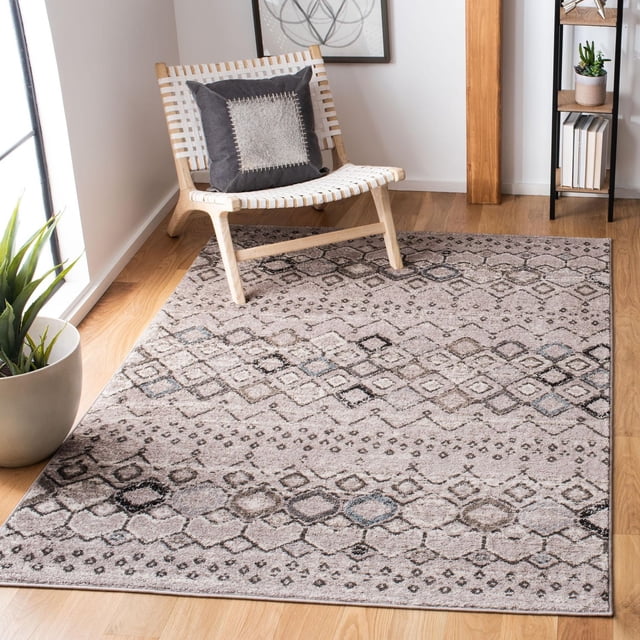 SAFAVIEH Amsterdam Gladwin Tapis Géométrique Mettant en Valeur un Motif Géométrique tribal Rustique et Chic dans des Tons Terre avec des accents Bleus, Tissé Mécaniquement à Partir de Fils Synthétiques Doux pour la Durabilité et le Confort, Exposé sur un Plancher de Bois Franc avec une Chaise en Bois Tressée et un Coussin Décoratif à Proximité, Convient pour Accentuer les Espaces de Vie.