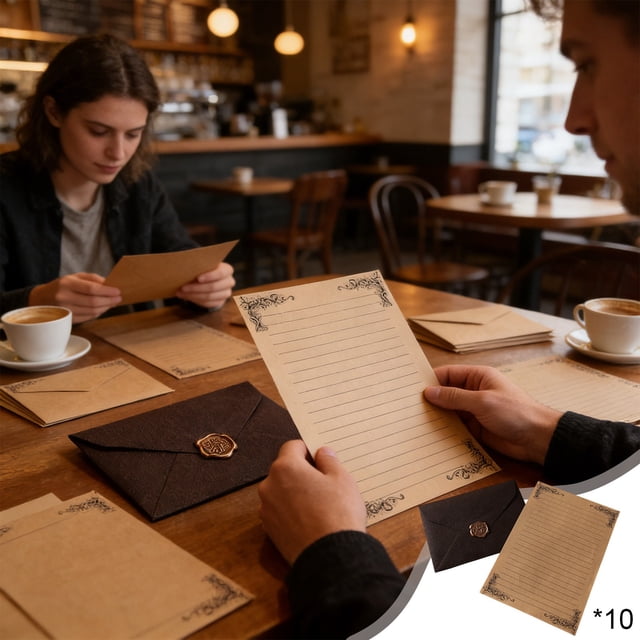 Deeceymbur Vintage Burgundy Linen Wax Kraft Lined Stationery Paper Set with Envelopes for Letters Invitations Greeting Cards Elegant Design Scrollwork Borders