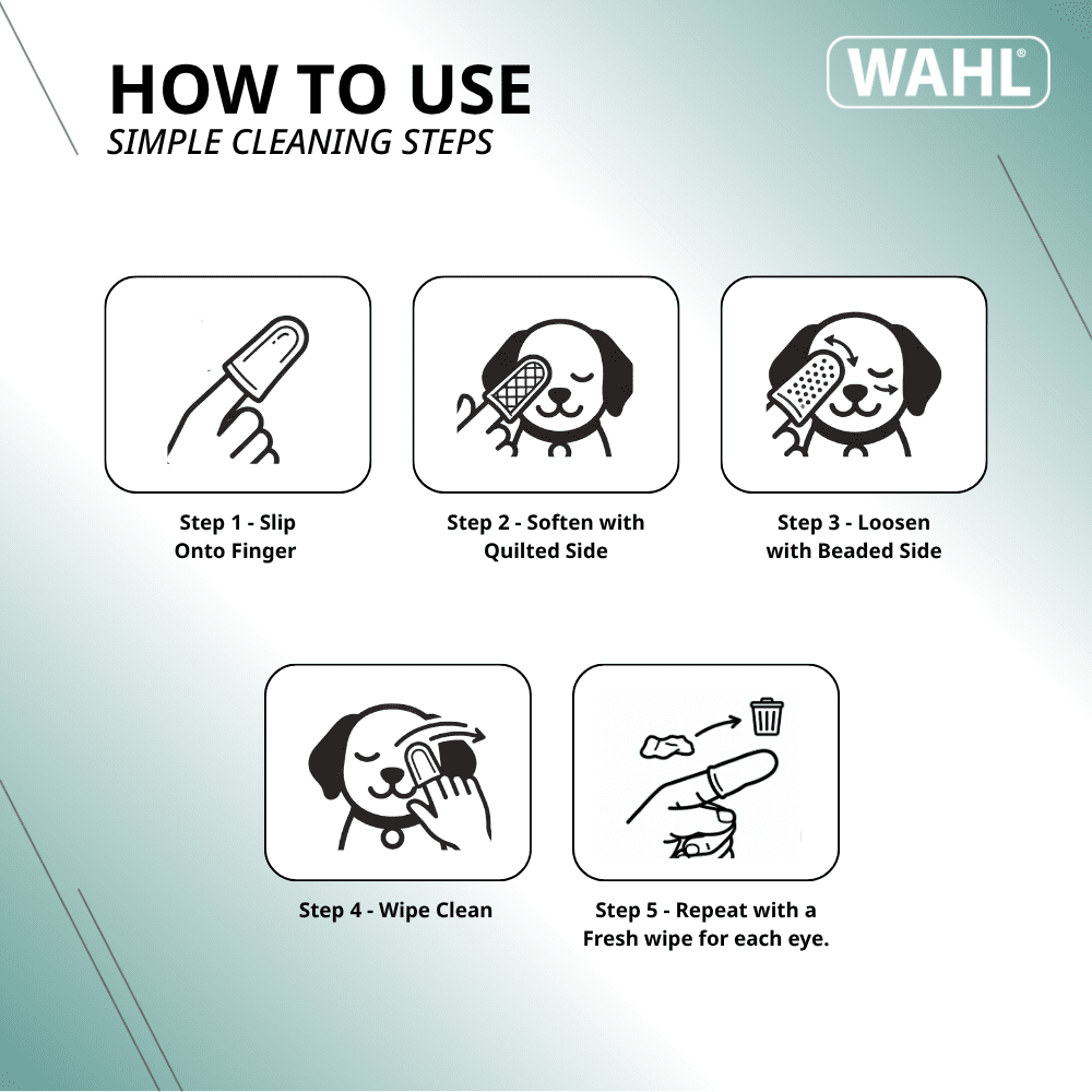 Wahl Refresh Eye Care Finger Wipes for Dogs – Dual-Sided Silicone & Soft Pearl Textures Remove Tear Stains & Debris, Fragrance-Free with Vitamin E & Aloe, Model-58557