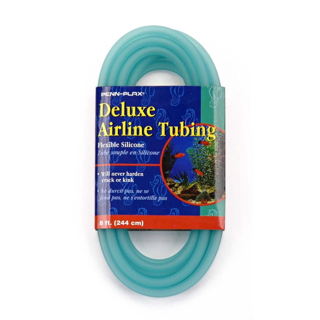 Penn-Plax Deluxe Aquarium Air Line Tubing, 8 ft (244 cm) flexible light blue silicone tubing coiled with a blue and green label featuring yellow text and an aquarium fish image, designed to fit standard aquarium air pumps and filters, resistant to hardening, cracking, and kinking for fresh and saltwater use.