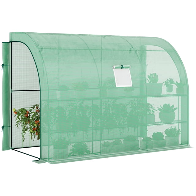 Outsunny Jardinage Extérieur à Entrée Adossée Green House, Vert. un Greenhouse durable à Entrée avec un Cadre en Acier Renforcé et une Housse PE Verte Résistante aux UV, Idéal pour le Jardinage Toute l'Année et la protection des Plantes. Comprend Deux Portes Enroulables à Fermeture Éclair, une Fenêtre avec Moustiquaire pour la ventilation et six Panneaux en Fil Métallique pour le Rangement et la Circulation d'Air. Conçu pour Être Posé contre des Murs Ou des structures, Convient aux Petits Jardins, patios Ou Cours. Dimensions : 118.1
