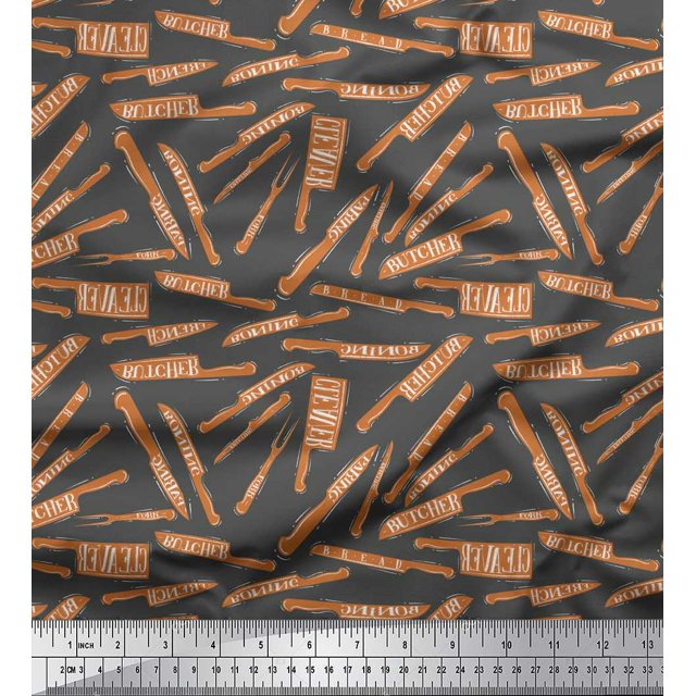 Soimoi Gray Velvet Fabric Text & Knife Kitchen Print Fabric by Yard 58 Inch Wide