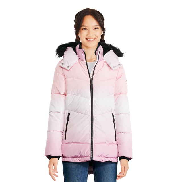Justice Girls' Parka in a front view with quilted pink to white ombre polyester fabric, hood trimmed with black faux fur, long sleeves with storm cuffs, full black zipper closure, two zippered pockets, and rounded hem for extra warmth and coverage.