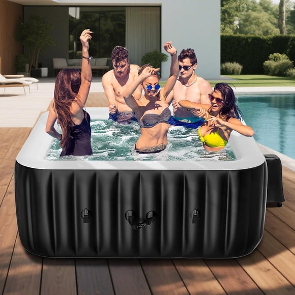 SLSY 185cm X 185cm X 63.5cm Square Hot Tub, 4-6 Person Inflatable Hot Tub, Portable Blow Up Bathtub Portable Outdoor Spa with 130 Bubble Jets and Heater Pump, Filter