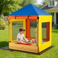 thumbnail image 2 of Gymax Kids Wooden Sandbox w/ Canopy  Sand Pit w/ Windows & Curtains Bench & Storage, 2 of 10