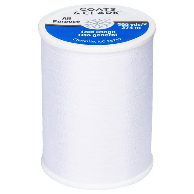 Coats & ClarkTM Bobine de Fil 100 % Polyester Tout Usage en Blanc, 300 yards (274 meters), Fil de Polyester corespun de Poids Moyen pour des Coutures Solides et Durables sur Tissus Tissés et Tricotés, Convient à la Couture à la machine Ou à la Main, Présenté dans une Vue avant Centrée avec une Étiquette Bleue et Blanche sur le Dessus.