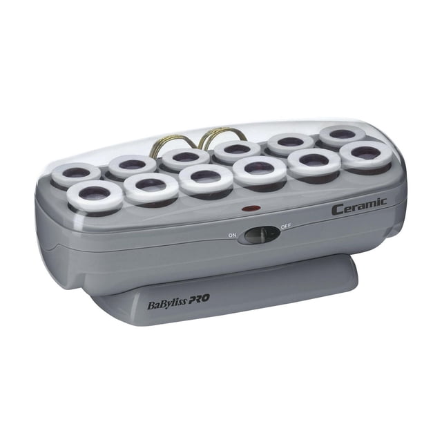 BaBylissPRO® Ceramix Xtreme Ceramic 12 Hot Roller Professional Hairsetter in grey with 12 ceramic rollers in large and jumbo sizes, stay-cool ends, on/off switch with indicator light, and clear lid to maintain heat for efficient hair styling.