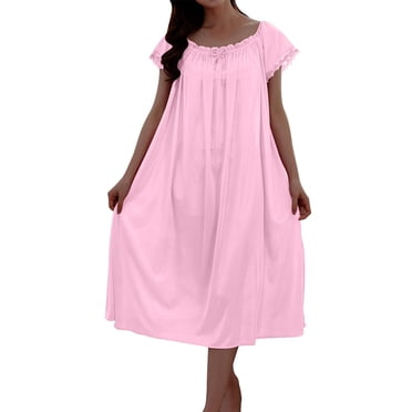 Timegard Chemises de Nuit pour Femmes Col Rond Manches Courtes Chemises de Nuit Décontractées Smockées Nœud Uni Tenue d'Intérieur