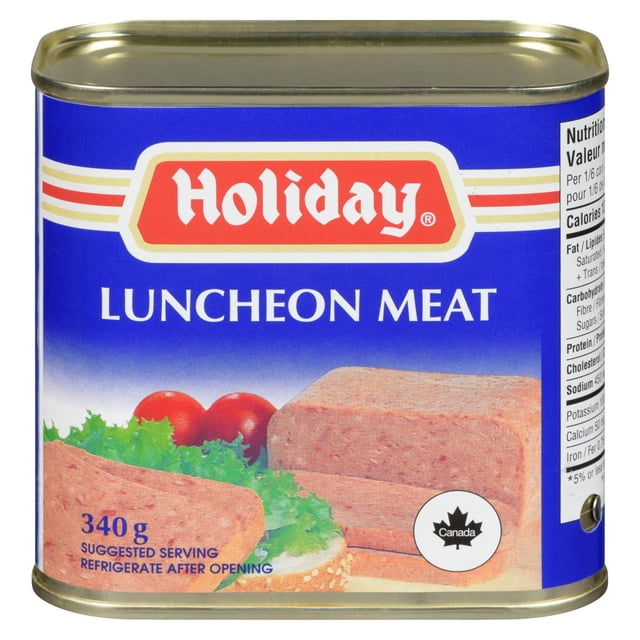 Holiday Canned Luncheon Meat 340 g metal can with blue label featuring the brand name, an image of sliced pork luncheon meat with lettuce and tomatoes, and a Canadian maple leaf symbol, ideal as a shelf-stable pantry meat for quick sandwiches or breakfast.