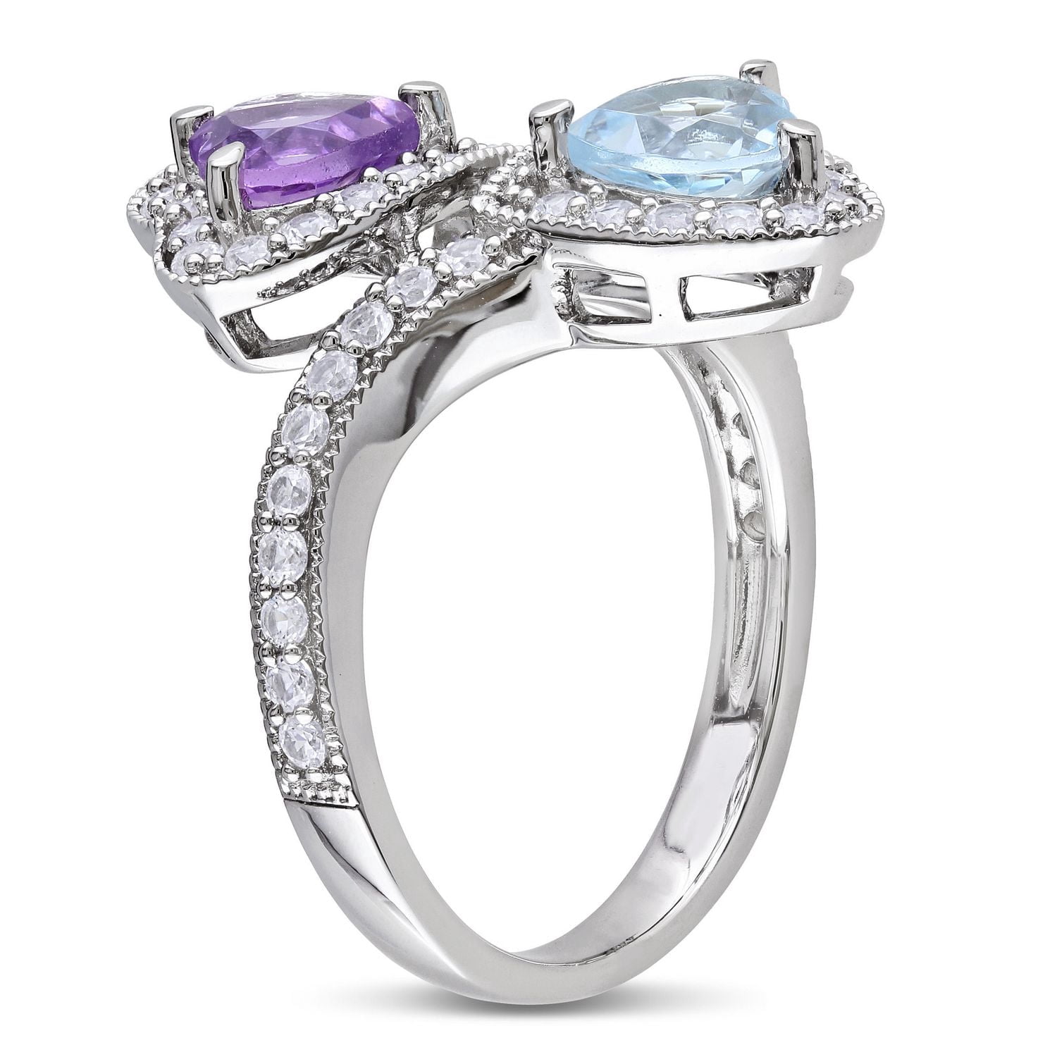 Bague à sections divisées Tangelo avec améthystes, topazes bleues et saphirs blancs synthétiques de forme cœur 2-1/2 CT PBT en argent sterling