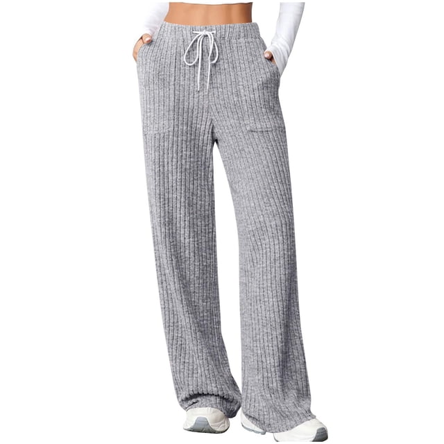 fatyb Womens Casual Ribbed Knit Pants Wide Leg Lounge Pants with Pockets Drawstring Loose Comfy Trousers