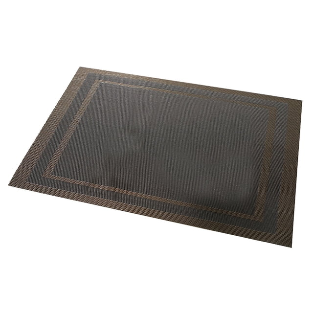 Bovemsi Kitchen Placemats, heat-resistant and washable PVC table mats, shown in a rectangular woven vinyl design with a dark colour and subtle border pattern. These non-slip, stain-resistant placemats are ideal for dining tables, offering protection against heat up to 156°F and easy cleaning with a damp cloth.