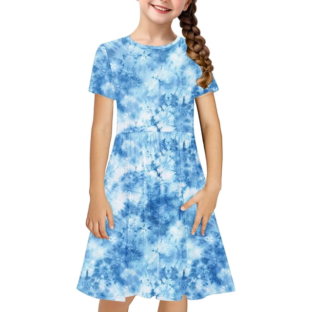 Robe Fille Été Patineuse Robe T-Shirt Teinture sur Nœuds Décontractée à Manches Courtes Robe Fluide pour Enfants 4-14 Ans