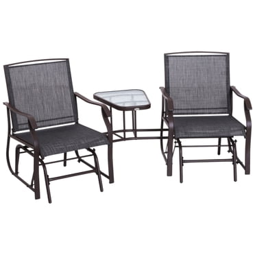 Outsunny Patio Double Glider Chair with Glass Top Center Table, Outdoor Glider Chair with High Back, Sling Fabric for Garden, Bench, Grey