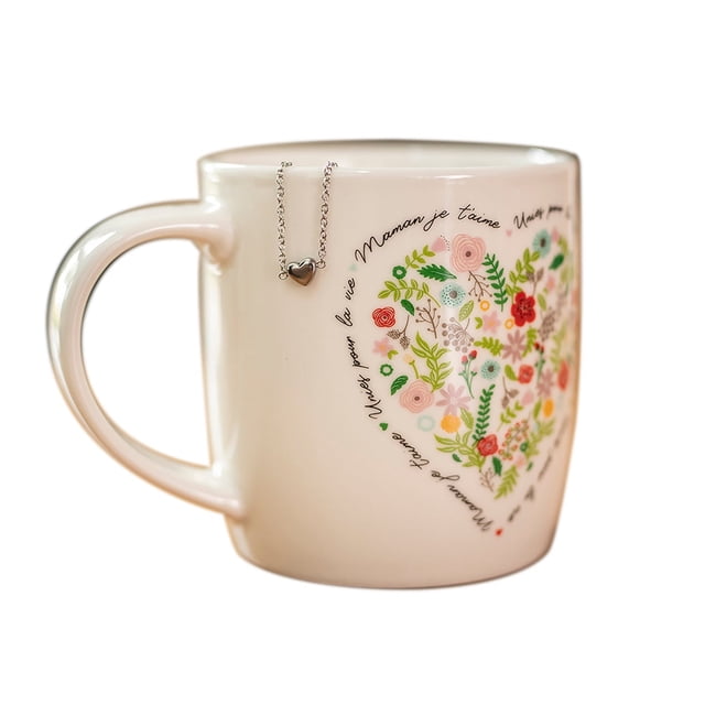 Chantal Lacroix - Duo Tasse à Café « Maman » et Bracelet en Acier Inoxydable Comprenant une Tasse en Céramique de 320 ml avec un Motif de Cœur floral et l'Inscription Française « Unies pour la vie, Maman je t'aime ». Comprend un Bracelet en Acier Inoxydable de 8 Pouces avec un Délicat Breloque Cœur. Idéal pour Offrir et Célébrer le Lien entre Mère et Enfant.