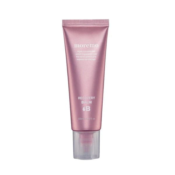 Moremo Recovery Balm B in a 120ml pink tube with a clear cap, formulated to repair damaged hair with amino acid and protein complexes. This heat-protective treatment enhances elasticity, smoothness, and shine, suitable for all hair types. Ideal for use with blow dryers and curling irons, it features a fast-absorbing, no-rinse cream texture.