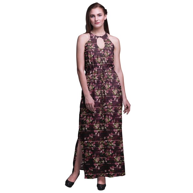 Bimba Robe Longue Décontractée à Col Licou pour Femme avec Fentes Latérales, Imprimée, Tenue de Soirée - Petit
