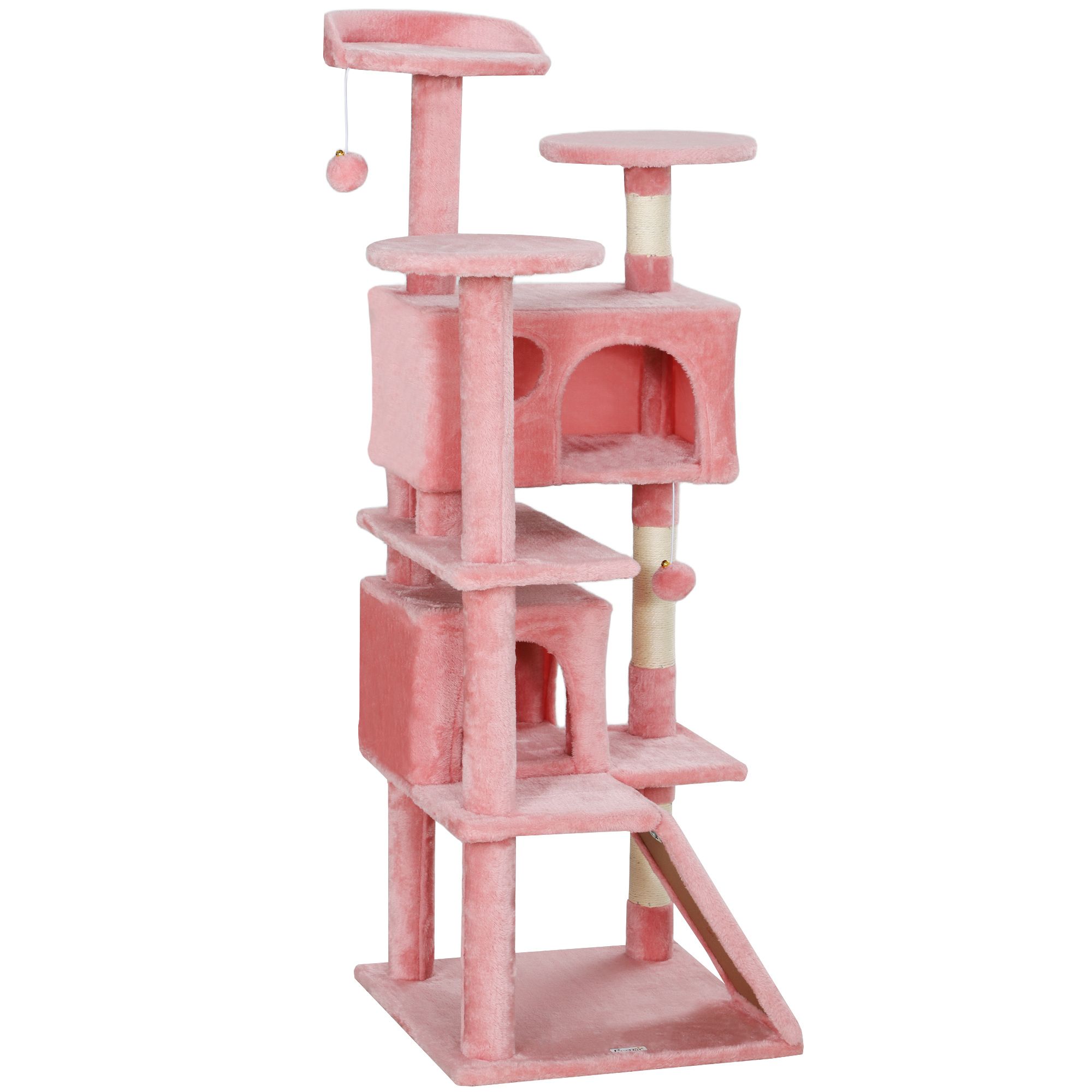 Pink Multi-Level Cat Tree Tower with Scratching Posts & Condo - 54" Tall Activity Center for Cats - Cozy Plush Platforms & Ramp - Living Room & Bedroom