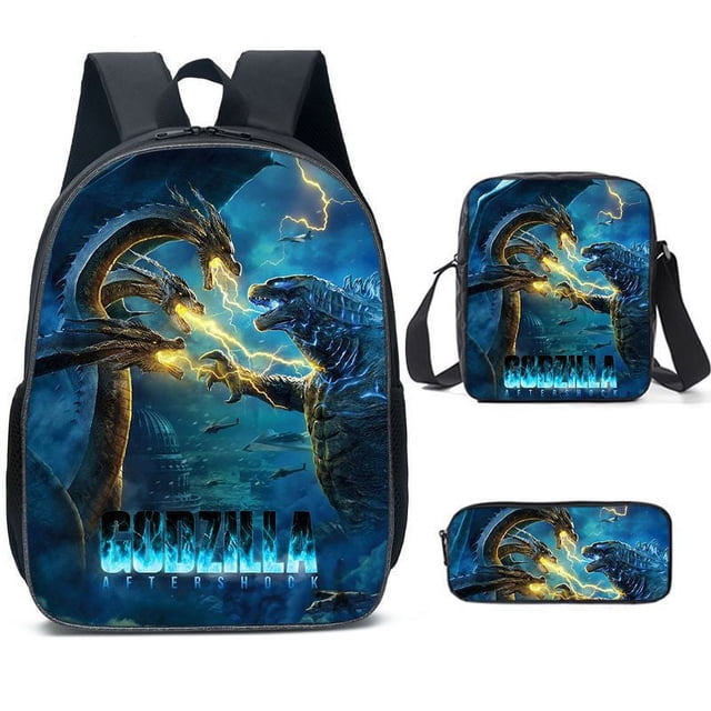 Godzilla Godzilla Backpack Primary And Secondary School Student Backpack Three-Piece Set featuring a bold design of Godzilla and a three-headed dragon in a lightning-filled battle scene. The set includes a large backpack with adjustable straps, a small satchel with a shoulder strap, and a pencil bag, all showcasing the same dynamic artwork. Ideal for school or everyday use.