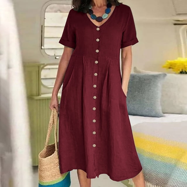 FcBaudy Robe à Manches Courtes à Col en V, Robes d'Été pour Femmes, Robes pour Femmes Mode Femmes Été Décontracté Col en V Uni Manches Courtes Bouton Poche Robe en Coton et Lin Jupe en Coton et Lin pour Femmes