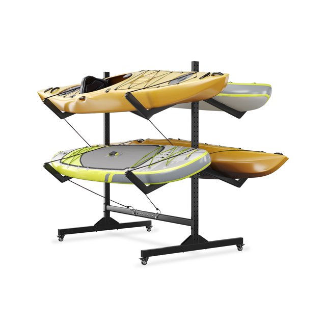 Heavy Duty Double-Sided Freestanding Kayak Storage Rack–Adjustable Width,Lockable Wheels,Holds 4 Kayaks/Canoes/Paddle Boards – Weather-Resistant Outdoor or Garage Organizer, Double-Sided Double Layer