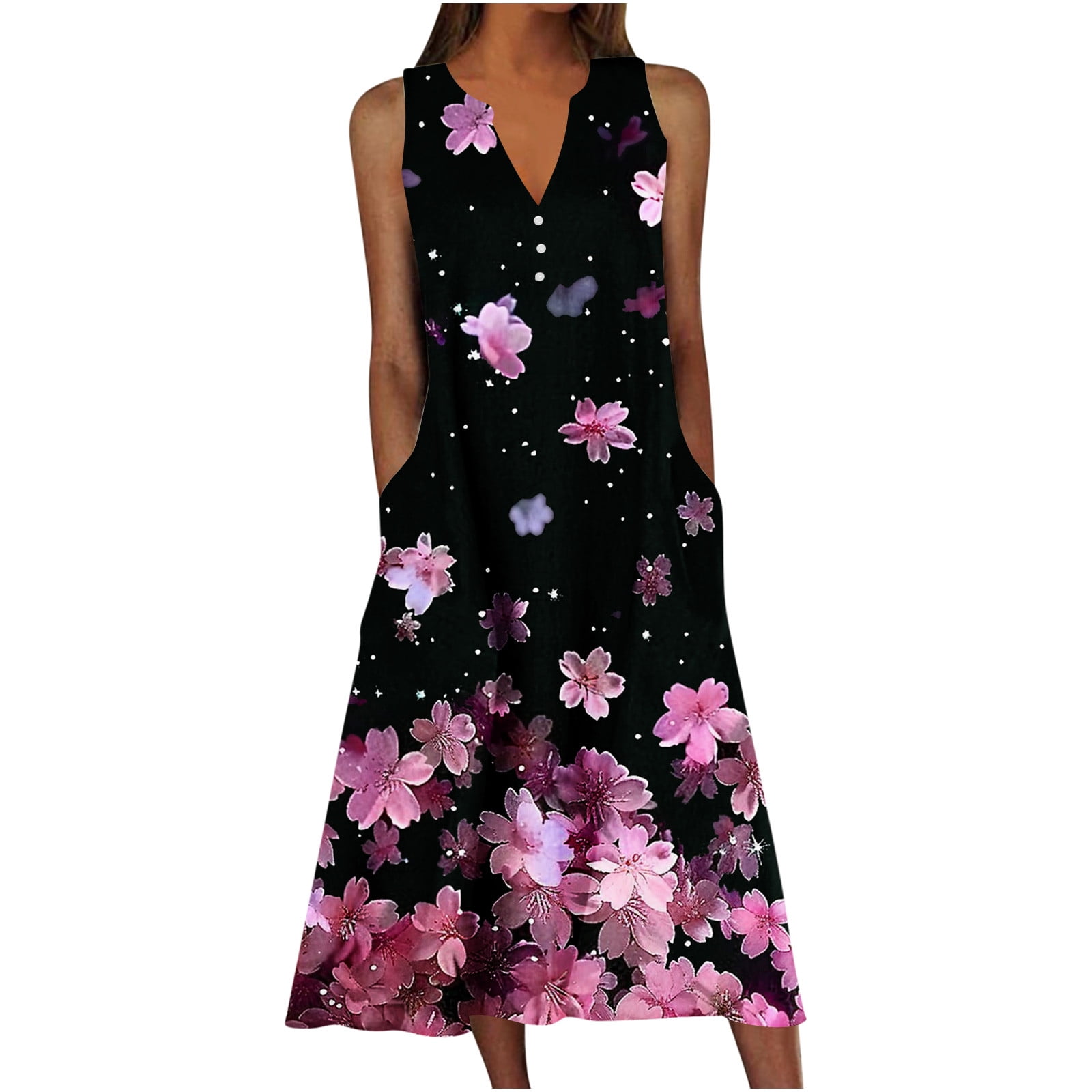 Staron Womens Dresses Summer Clearance Under $10 Sleeveless Loose Pockets Floral Print Flowy A Line Summer Spring Midi Dresses V Neck Plus Size Beach