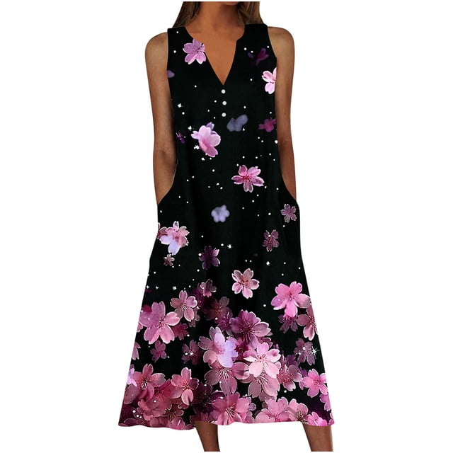 Ovzne Robes pour Femmes Robe pour Femme Robe d'Été Décontractée pour Femmes Dégradé Sans Manches Col en V Longue Robe Robe d'Été Liquidation