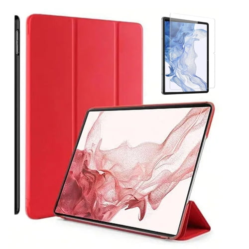 SuperShield Folio Case for Samsung Galaxy Tab S10 Ultra, Tab S9 Ultra, and Tab S8 Ultra 14.6-inch tablets in red. Features a slim and lightweight design with a trifold stand for versatile viewing angles. Includes a screen protector and offers full corner protection with a soft TPU back shell and PU leather exterior. Built-in magnetic strip enables auto wake/sleep functionality.