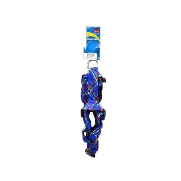 Trixie Casablanca Adjustable Dog Harness in blue with a multi-colored woven nylon pattern, featuring plastic buckles and metal rings, adjustable from 50-75cm, suitable for puppy or adult dogs, ideal for training or skill brushing.