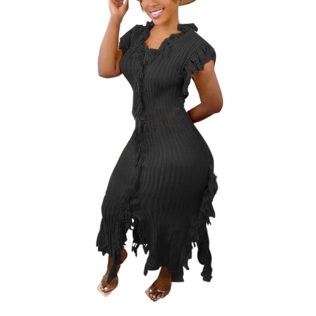 Gspmoly Robe pour Femmes, Robe Décontractée pour Femmes, Mode Aguichant Polyvalente, Couleur Unie, Tricotée, Sans Manches, à Franges, Robes Formelles pour Femmes, Cadeaux de Vacances