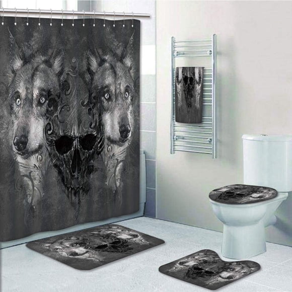 EREHome Wolf Abstract Skull Figure Between Two Canine Animals Wildlife Grunge Tattoo Like 5 Piece Bathroom Set Shower Curtain Bath Towel Bath Rug Contour Mat and Toilet Lid Cover