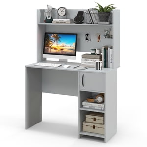 Gymax Bureau d'accueil d'ordinateur Bureau avec plateau d'affichage surélevé & 2 Ouvrir les étagères Gray