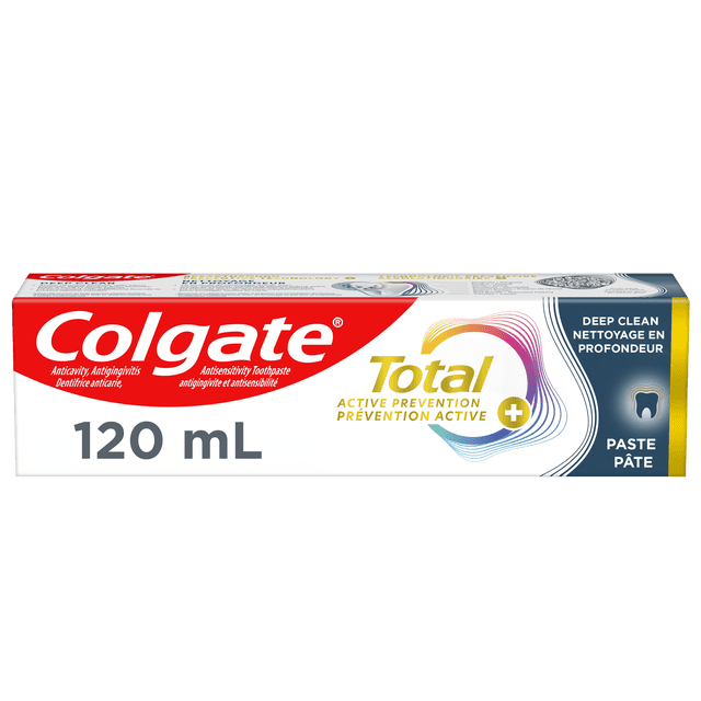 Colgate Total Active Prevention Plus Deep Clean Toothpaste, Mint, 120 mL tube with red and white Colgate branding, gold and multicolor Total logo, and blue panel indicating deep clean formula and cavity protection, ideal for preventing plaque, gingivitis, and sensitivity.